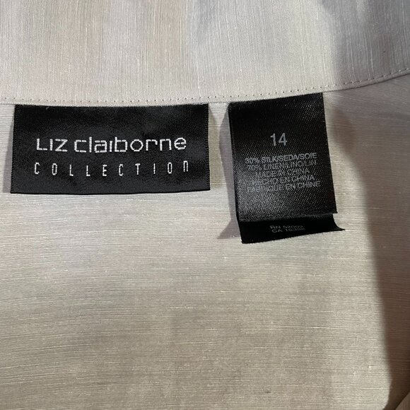 Liz Claiborne Silk Linen Tunic Blouse Size 14 Moss Gray Green Long Sleeve - Picture 10 of 12